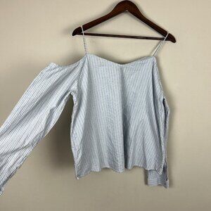 Calvin Klein Top Womens‎ XL Blue Stripe Cold Shoulder Long Sleeve Cotton Blouse